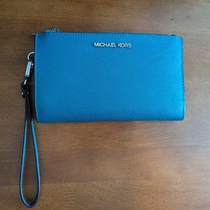 Michael Kors Large Double Zip Leather Wallet Wristlet Phone Case Lagoon